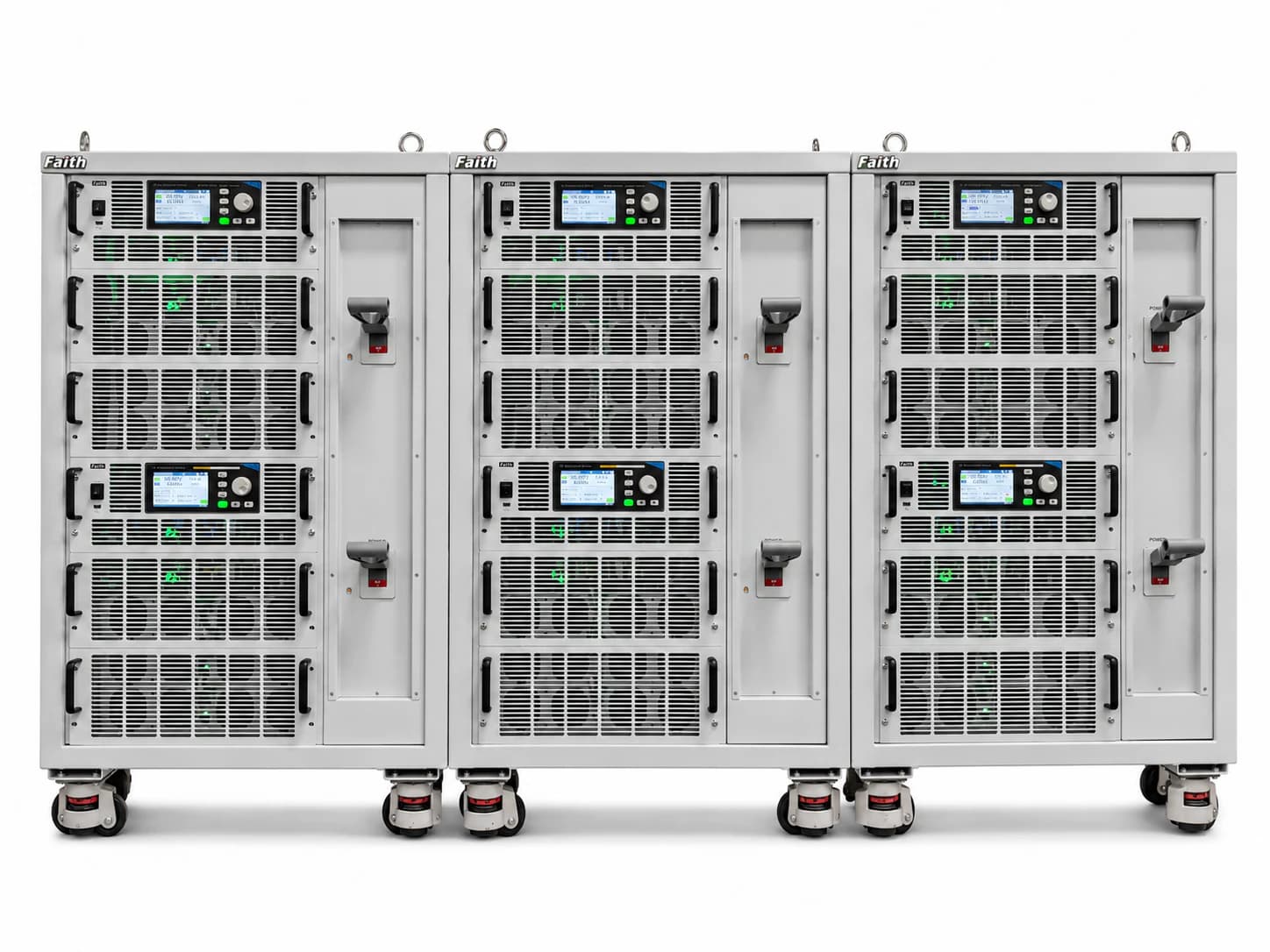 Three 300kW FaithTech bidirectional source-load cabinets undergoing parallel commissioning for a North American AI power project